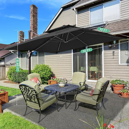 10x10 FT Cantilever Patio Umbrella with Base Included Double Top Outdoor Square Large Heavy Duty Aluminum Offset Umbrellas with 7 Level Tilt 360-degree Rotation for Pool Garden Deck,Black