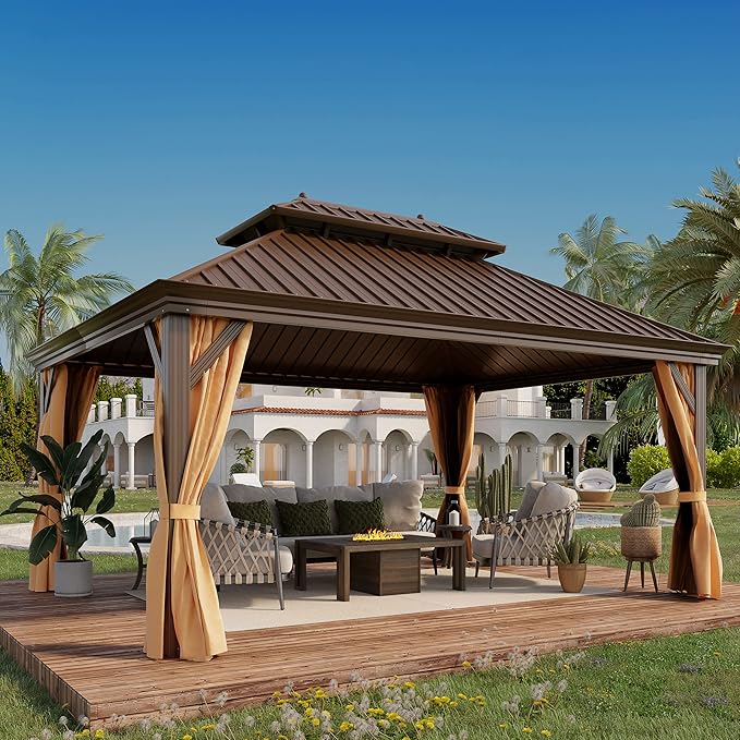 12'x16' Hardtop Gazebo, Outdoor Aluminum Patio Gazebo Double Roof Galvanized Steel Canopy with Netting and Curtains,for Garden, Patio, Backyard, Deck and Lawns.
