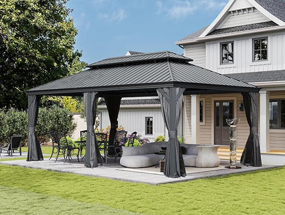 Domi 12x18FT Outdoor Gazebo, Hardtop Gazebo with Galvanized Steel Double Roof, Metal Gazebos with Drainage System Patio Pergola for Patio Deck Backyard,Curtain and Netting,Gray