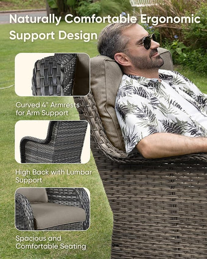 HUMMUH 6-Piece Outdoor Wicker Patio Furniture Set with Swivel Glider Chairs, Loveseat & Ottomans 5” Olefin Cushions Ergonomic Neck-Lumbar Backrest All-Weather Rattan for Garden, Deck, Porch