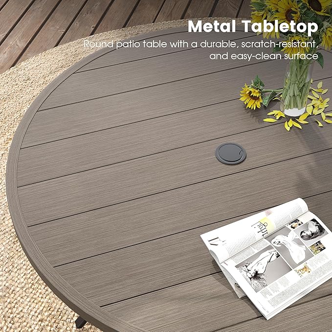 DIFY 60" Round Outdoor Patio Dining Table for 8-10, Metal Patio Table with 1.57" Adjustable Umbrella Hole, All-Weather Dining Furniture Table for Backyard Lawn Garden, Grey Wood-Like