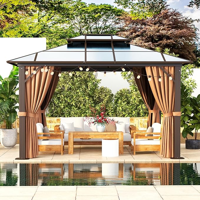 Aoxun 10'x12' Hardtop Gazebo, Aluminum Frame Permanent Pavilion with Curtains and Netting, Outdoor Polycarbonate Double Roof Canopy with String Lights, for Garden, Lawns, Patio, Brown