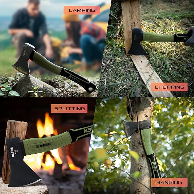 KSEIBI Hatchet with Sheath, Camping Axe for Splitting and Kindling Wood, Forged Steel Blade with Anti-Slip and Shock Reduction Handle Great Throwing Hatchets (Sausalito Green)