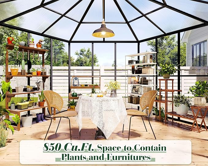 Jocisland 12x10x8 FT Hexagonal Greenhouse for Outdoors, Quick-Connectors, Aluminum Frame with 2 Vents, 2 Swing Doors, and Walk-in Design for Garden or Backyard, Black