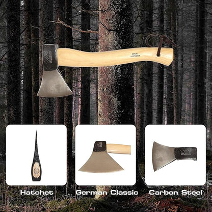 PRANDI German Hatchet 1.76lb - Hickory Handle 14.97in with Leather String - Ideal for Camping and Bushcraft - Made in Italy