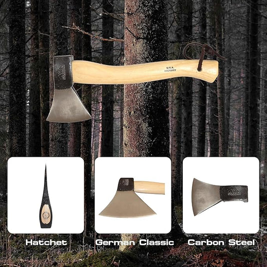 PRANDI German Hatchet 1.76lb - Hickory Handle 14.97in with Leather String - Ideal for Camping and Bushcraft - Made in Italy