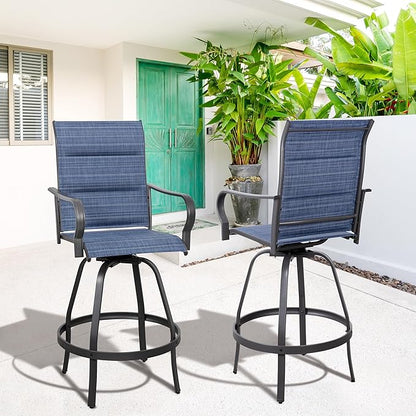 Vongrasig 2 Piece Outdoor Patio Swivel Bar Chairs, All Weather Padded Sling Textile High Top Bar Stools, Bistro Set for Backyard, Lawn Garden, Balcony, Padded Blue