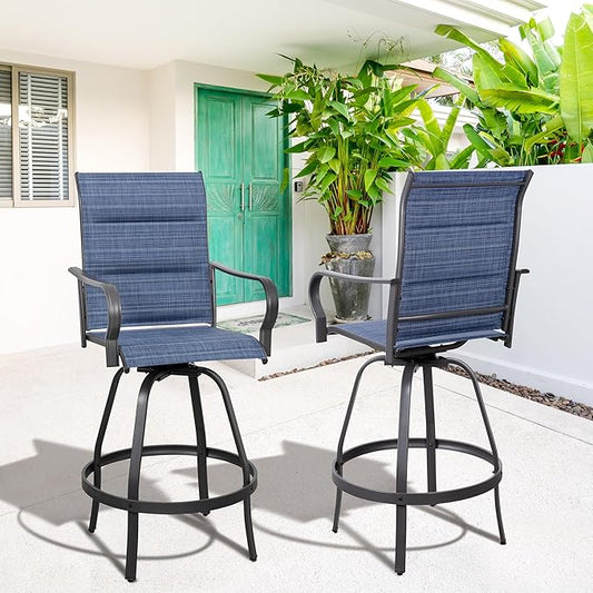 Vongrasig 2 Piece Outdoor Patio Swivel Bar Chairs, All Weather Padded Sling Textile High Top Bar Stools, Bistro Set for Backyard, Lawn Garden, Balcony, Padded Blue