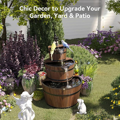 Aoxun 3-Tier Outdoor Water Fountain, Wood Barrel Cascading with Electric Decorative Hand Pump, Rustic Waterfall Fountain for Garden, Backyard, Patio, Porch, Yard