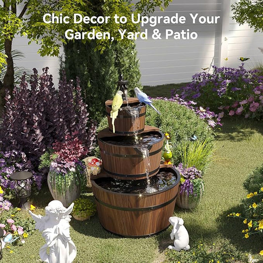 Aoxun 3-Tier Outdoor Water Fountain, Wood Barrel Cascading with Electric Decorative Hand Pump, Rustic Waterfall Fountain for Garden, Backyard, Patio, Porch, Yard
