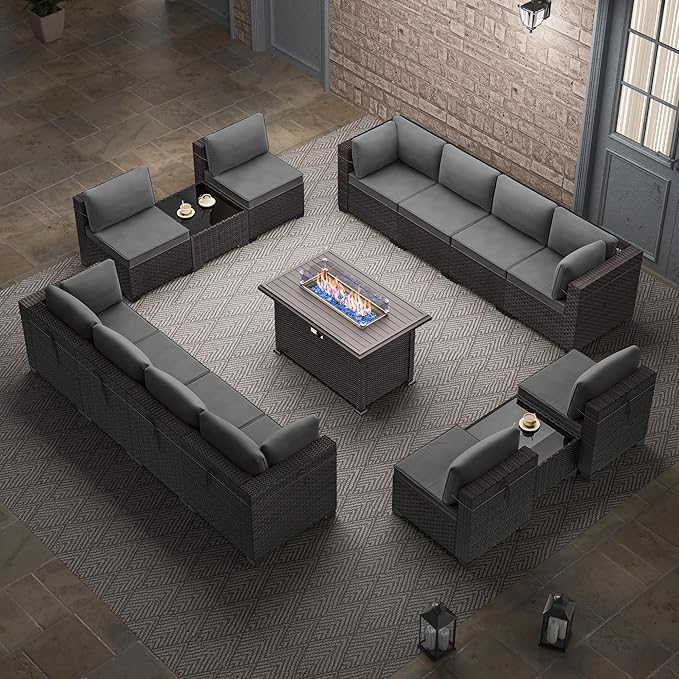 Outdoor Patio Furniture Set with Propane Fire Pit Table, 15 Pieces Furniture Patio Sectional Sofa Conversation Sets w/ETL Approved 43" Gas Outdoor Fire Table & Coffee Table(Grey)