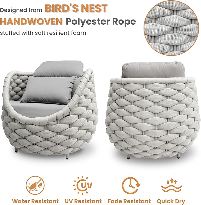Patio Accent Chairs Set of 4: Aluminum Porch Lounge Chair with Arms - Woven Rope Cushioned Armchair - Modern One Seater Chair - Outdoor Deck Furniture for 400lbs Balcony Lanai Garden Hotel, Gray