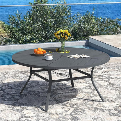 DIFY 59.8" Round Outdoor Patio Dining Table for 8-10, All-Weather Metal Steel Slatted Patio Table with 1.57" Adjustable Umbrella Hole, for Lawn Garden Porch Backyard, Grey