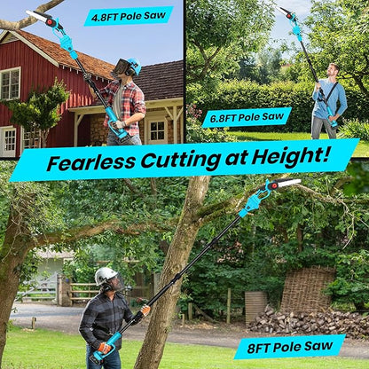 2-in-1 Cordless Pole Saw & 8 Inch Mini Chainsaw with Carrying Bag, 2×21V 3000mAh Rechargeable Batteries, Lightweight (7.3 lbs), 14FT Max Reach Electric Pole Saw for Tree Trimming, Branch Cutter