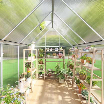 6x8 FT Greenhouse for Outdoors, Polycarbonate Green House with Quick Assembly Structure and Roof Vent, Large Aluminum Walk-in Green House for Outside Garden Backyard, Silver