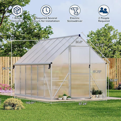8'X12' Aluminum-Framed Polycarbonate Greenhouse, Heavy Duty Polycarbonate Greenhouse with Quick Setup Structure and Roof Vent, Large Enhanced Aluminum Greenhouses Kit for Outdoors