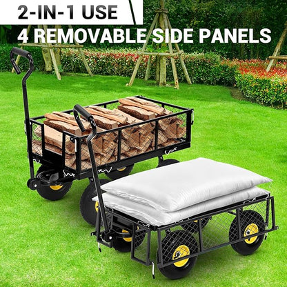 Steel Garden Cart, 550 LBS Heavy Duty Metal Garden Wagon with 10" Wheels, Metal Push Wagon with 180° Rotating Handle and Removable Sides for Farm, Yard