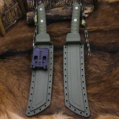 BA-KOR 15.8in Full Tang Japanese Style Outdoor Knife –8mm DC53 Steel, Nylon Fiber Handle &Sheath, Hunting Survival Knife+(5.9in) cerium igniter (Green handle and black blade (8mm))