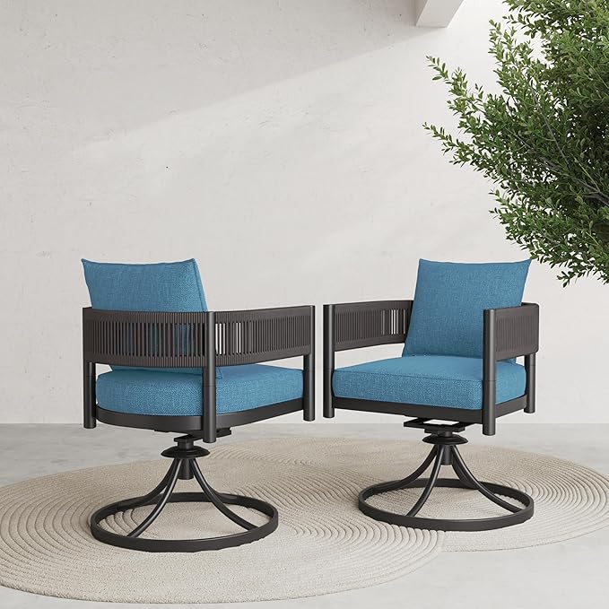 Grand patio Outdoor Dining Chair Set of 2, 2 Pieces Patio Dining Chairs, Metal Woven Wicker Swivel Patio Chairs with Peacock Blue Cushions for Backyard, Deck, Garden, Porch, Lawn and Poolside (Brown)