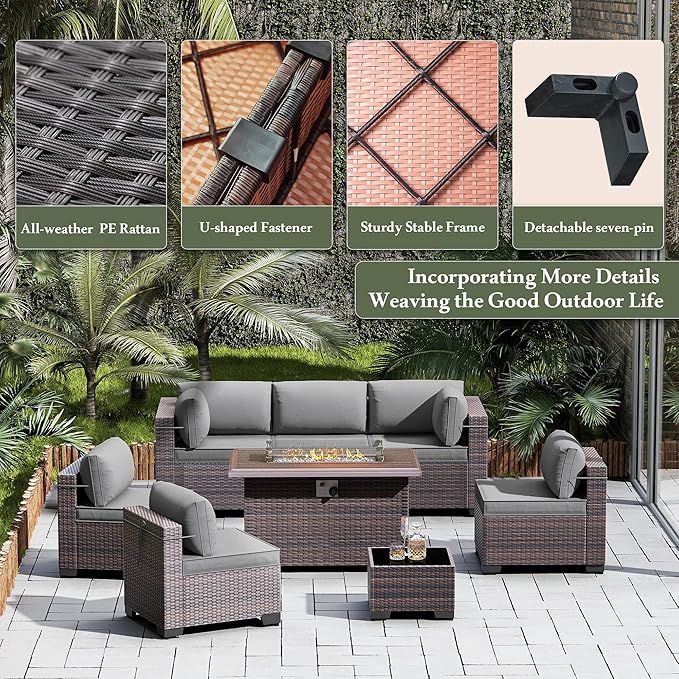 Outdoor Patio Furniture Set with Propane Fire Pit Table, 8 Pieces Furniture Patio Sectional Sofa Conversation Set w/ETL Approved 43" Gas Outdoor Fire Table & Coffee Table (Grey)
