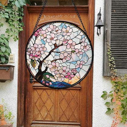 Stained Glass Window Hanging - Cherry Blossoms Suncatcher for Door Garden Home Decor Pink Flowers Sun Catcher Christmas Birthday for Friend Lovers Women Mom Nana 9.8 in