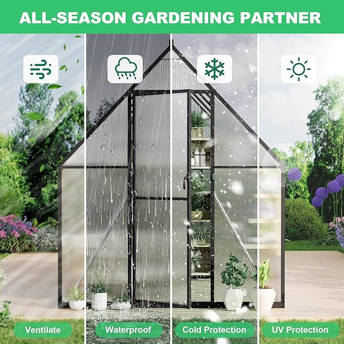 6 ft x9 ft Aluminum-Framed Polycarbonate Greenhouse, Heavy Duty Polycarbonate Greenhouse with Quick Setup Structure and Roof Vent, Large Enhanced Aluminum Green House Kit for Outdoors