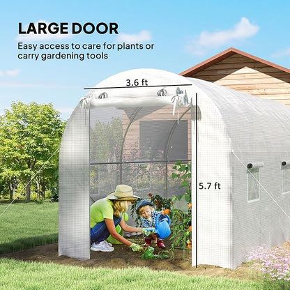 Outsunny 14.6'x6.5'x6.6' Hoop House Greenhouse with 2 Support Rods, Zippered Roll-up Mesh Door, Mesh Windows, Walk-in Tunnel Greenhouse with PE Cover, Galvanized Steel Frame, Outdoor Garden, White