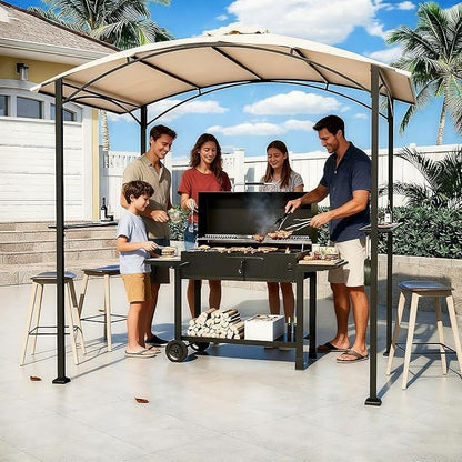 Gotland 8'x 5' Outdoor Grill Gazebo, BBQ Canopy Shelter with 2 Metal Openwork Shelving Units & 5 Tool Hooks, Curved Waterproof Top for Party, Backyard, Poolside Khaki