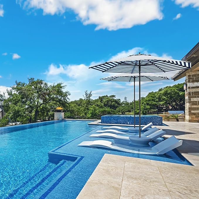 Midtown Umbrellas Push and Pop 9 Feet Outdoor Umbrella, Navy/White Stripes Polyester Fabric - Fiberglass Ribs Deck Patio Umbrella, Backyard Umbrella, Garden Umbrella & Pool Umbrella - Black Pole