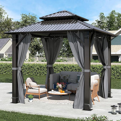 8.5' x 8.5' Hardtop Gazebo, Galvanized Steel Double Roof Gazebo with Nettings and Curtain Outdoor Aluminum Frame Vertical Stripes Roof Gazebos for Patio, Backyard, Lawn