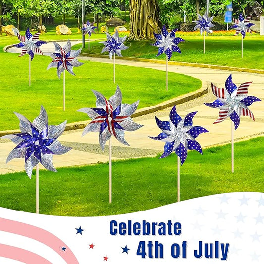 HOOSUN 10 Pcs Patriotic Pinwheels for Yard and Garden,Patriotic Decorations American Flag Pinwheels to Scare Birds Away,Red White and Blue Decorations Reflective Wind Spinners,Veterans Day Decorations