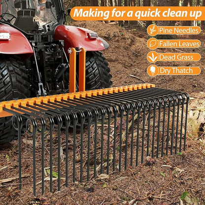 60" Durable Powder Coated Steel Pine Straw Rake, Steel Spring Landscape Rake for Leaves, Pine Needles, Straw, and Grass Attaches to Cat 0 Cat 1,3 Point Hitch Tractor, Yellow