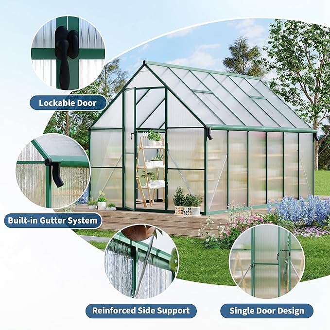 8X12 ft Polycarbonate Greenhouse with Aluminum Frame, Polycarbonate Greenhouse for Outdoors, Greenhouses with Ventilation and Rain Gutter, Aluminum Large Walk-in Greenhouses for Outside