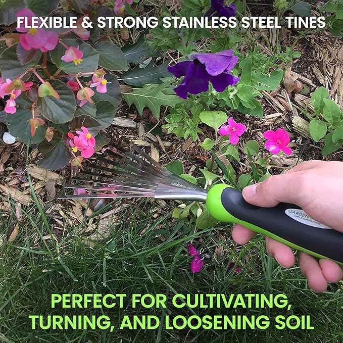 Garden Guru Stainless Steel Hand Rake Soil Tiller with Ergonomic Handle, Great for Gardening, Cultivating, Loosening Soil & Spreading Mulch (2 Pack)