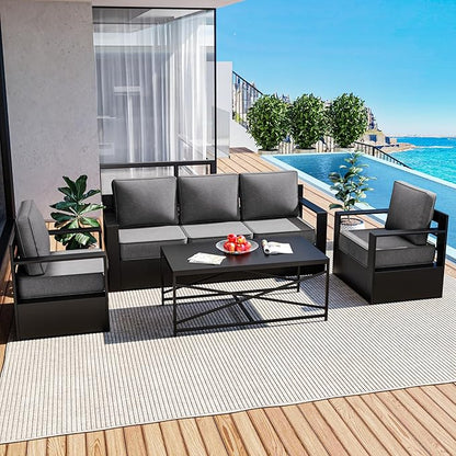 Outdoor Patio Furniture Set, 4-Piece Aluminum Patio Conversation Set All-Weather Metal Outdoor Sectional with 6 Inch Thick Cushions, Deep Setting for Garden, Outside and Porch