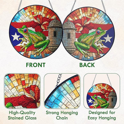 FLAGWIX Christmas Puerto Rico Gifts - Stained Glass Window Hanging 10 in - Puerto Rican Gifts for Women Men, Coqui Sun Catchers Indoor, House Warming Gift for Mom Dad Puerto Rican, Friend Gift Ideas