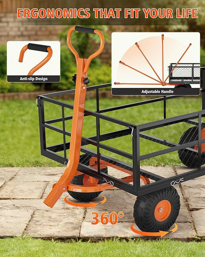 Metal Wagon - 900lbs Garden Cart with 10" Multi-Terrain Tires, 4 Removable Mesh Sides & 180° Swivel Handle, Yard Wagon Cart for Lawn, Yard, Patio Gardening