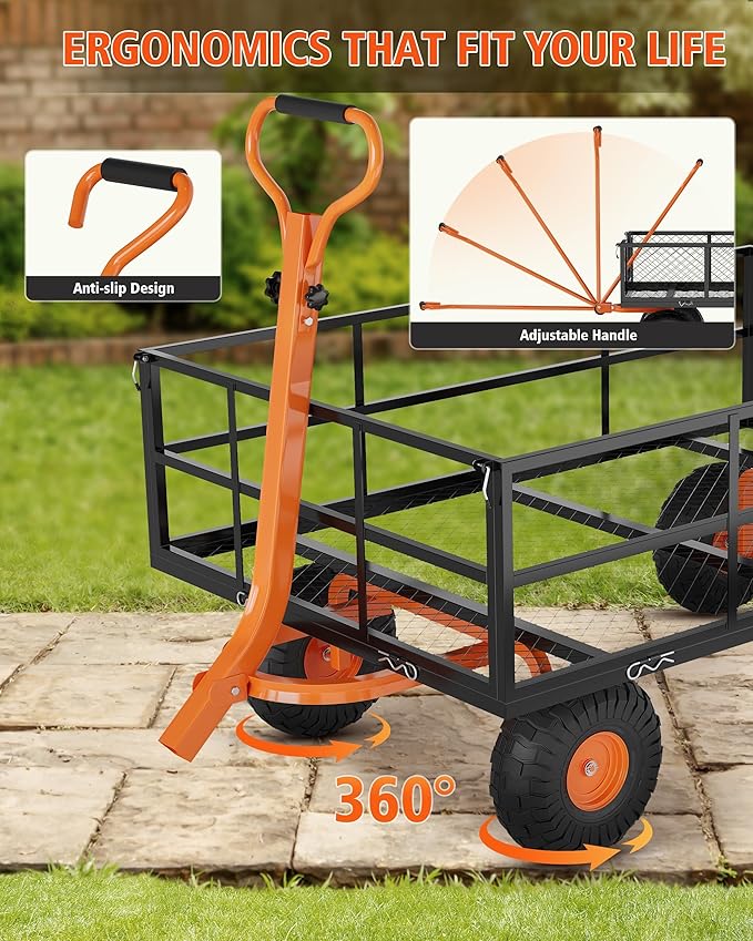 Metal Wagon - 1200lbs Garden Cart with 10" Multi-Terrain Tires, 4 Removable Mesh Sides & 180° Swivel Handle, Yard Wagon Cart for Lawn, Yard, Patio Gardening