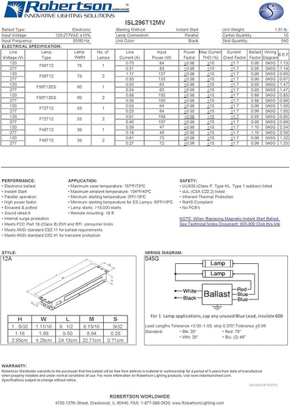 Robertson 2P20158 ISL296T12MV Pak of 10 Fluorescent eBallasts for 2 F96T12 Lamps, Instant Start, 120-277Vac, 50-60Hz, NBF, HPF, (for HO lamp Applications The Recommended Ballast is The PSB296T12HOMV)