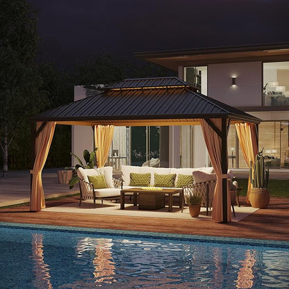 12x16 ft Hardtop Gazebo Outdoor Aluminum Patio Gazebo Double Roof Galvanized Steel Canopy with Netting and Curtains for Garden, Backyard, Deck and Lawns.