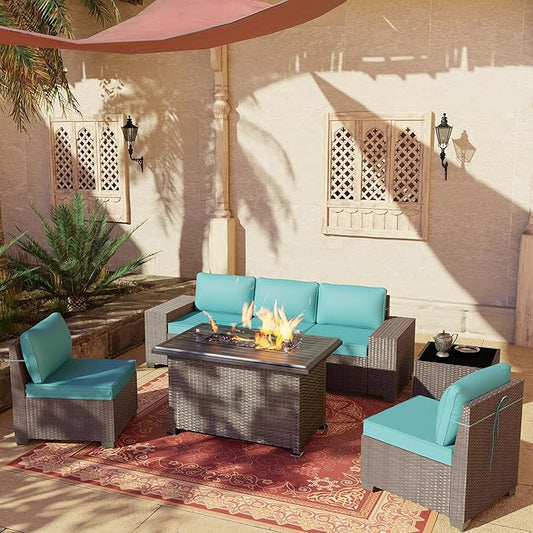 Patio Furniture Set with Propane Fire Pit, 7-Piece Outdoor Sectional Sofa Conversation Set w/ETL Approved 43" Gas Fire Table & Coffee Table - Turquoise