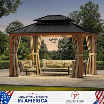 Modern Shade Rosewood Wood Gazebo 10' x 12', Cedar Framed Grill Gazebo with Double Galvanized Steel Roof, Mosquito Netting and Curtains, Permanent Hardtop with Sturdy Hooks for Garden, Backyard, Patio