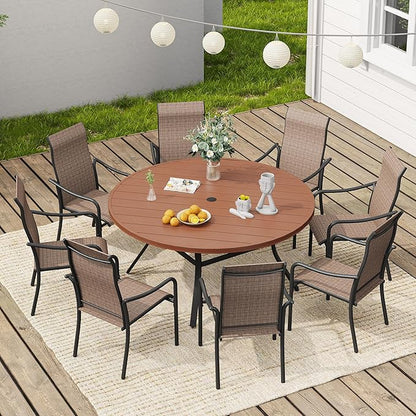 VICLLAX Outdoor Patio Round Dining Table, 56.3"x 56.3" Plastic Tabletop for Deck Lawn Garden Backyard, Walnut