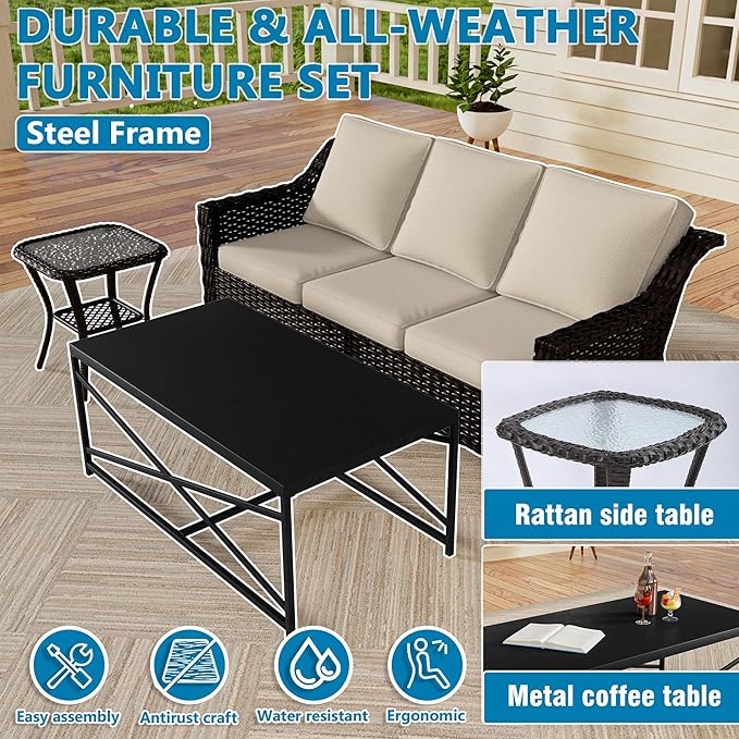Vista Vibe 5 Pieces Outdoor Rattan Patio Conversation Furniture Set - 78" 3-Seat Sofa | 2 Swivel Glider Rocker Chairs | Wicker End Table | Metal Table, Upholstered Loveseat, Deck (Brown/Beige)