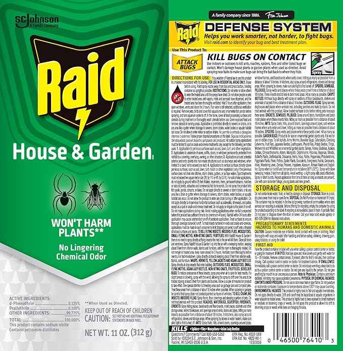 Raid House and Garden Insect Killer, Kills Ants, Roaches, Spiders and Flies on Contact, 11oz