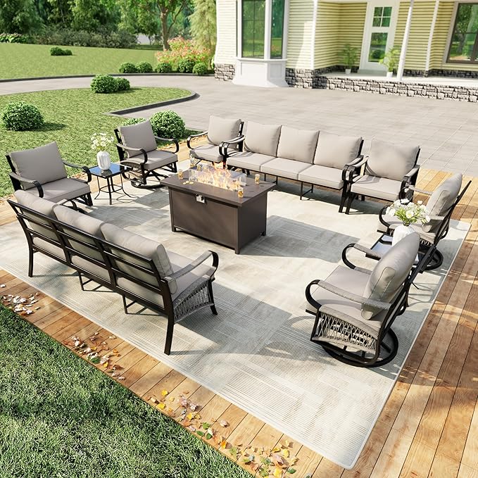 11 Pieces Outdoor Patio Conversation Sets with All Weather Cushions, Metal 2 Three-Seater, 4 Swivel Rockers, 2 Single Chairs, 2 Side Tables, 1 Fire Pit Table for Backyard Deck Porch Poolside, Beige