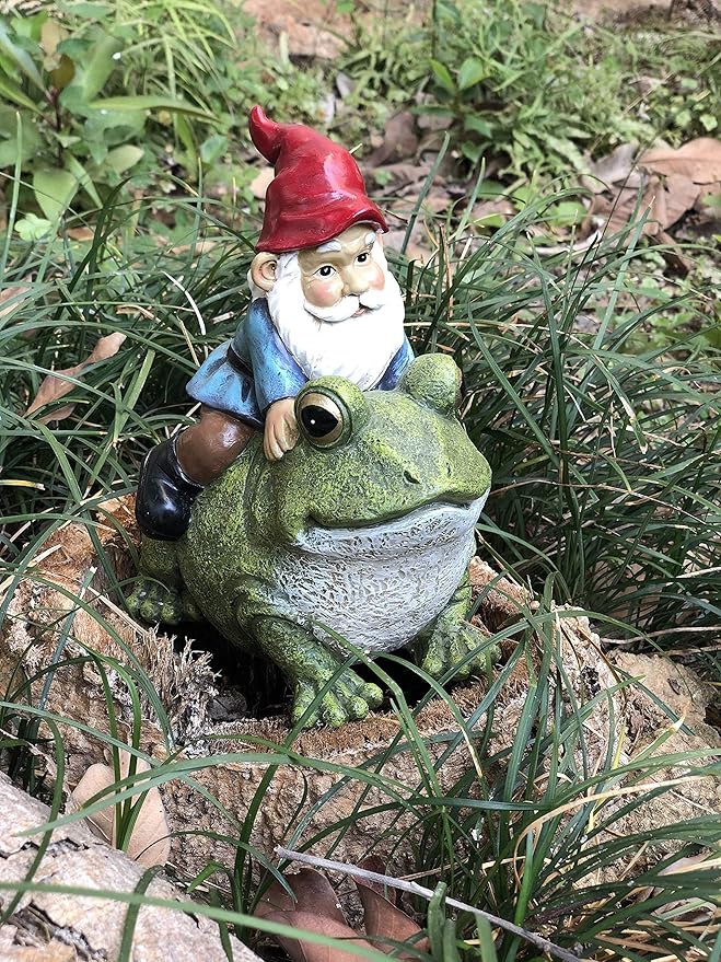 Garden Gnome Riding on Frog, Outdoor Garden Gnomes, Lawn Gnome Statue Sculpture