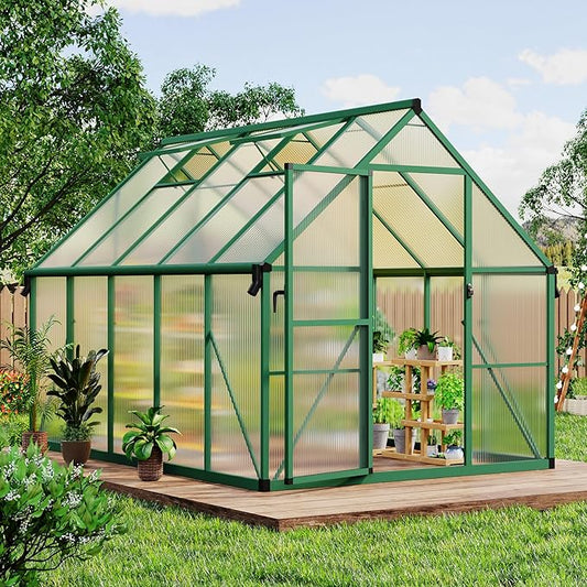 8x10 FT Outdoor Greenhouse, Polycarbonate Greenhouse with Roof Vent and Ground Nails, Aluminum Large Walk-in Green House w/Lockable Push Door for Outside Garden Backyard (Green, 8x10 FT)