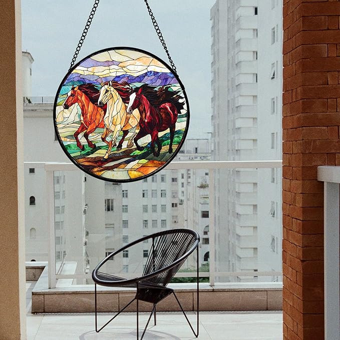 Stained Glass Window Hanging, Colorful Landscape Running Horse Suncatcher for Doors Window Home Sun Catchers Decoration Mother's Day Birthday Gifts for Women, Men, and Mom 11.8x11.8 in