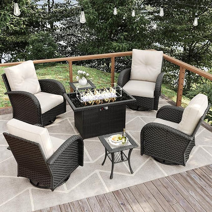 7 Pieces Patio Furniture Sets with Fire Pit Table, Wicker Rattan High Back Outdoor Swivel Rocking Chairs Set with Side Table